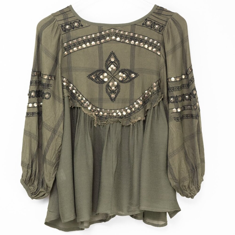 Muche et Muchette Embroidered Sequin Blouse Green Black One Size Fits Most - Picture 2 of 6